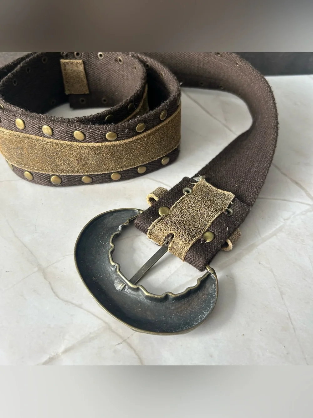 Vintage Brown Suede-Trim Belt with Antique Tone Brass Buckle and Accents